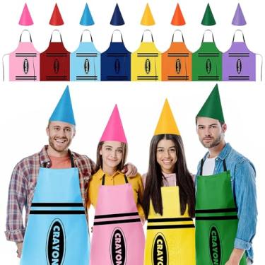 Imagem de M-Aimee 8 conjuntos de fantasia de giz de cera, avental de giz de cera colorido e chapéus de cone de gnomo, roupa engraçada para adultos, fantasia de Halloween, cosplay