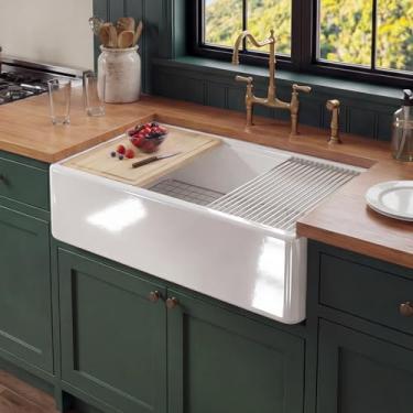 Imagem de Miuara Pia branca para estação de trabalho de fazenda 83 polegadas - Avental resistente para lavatório frontal de cozinha suporte inferior 84 x 50 x 25 cm, tigela única profunda estilo casa de fazenda