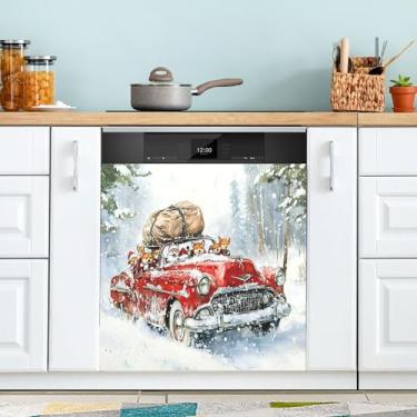 Imagem de xigua Capa magnética de Papai Noel e Corgi de Natal, adesivos magnéticos decorativos antiarranhões para painel de geladeira e lava-louças, decoração personalizada de cozinha doméstica 58 x 66 cm