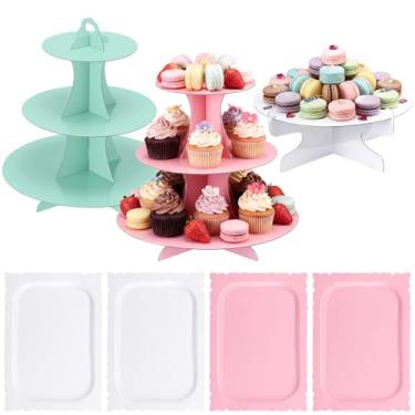 Imagem de Gandeer Conjunto de 7 peças de suporte de bolo com 2 peças, 3 camadas, suporte de cupcake de papelão, 1 peça, exibição de cupcake de 1 camada, 4 bandejas redondas retangulares para servir pratos