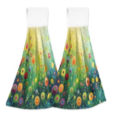 Imagem de xigua Conjunto de 2 toalhas de cozinha coloridas de flores silvestres, toalhas de cozinha macias e absorventes rápidas com laço para pendurar e adesivos mágicos, toalhas de mão de pano para pendurar