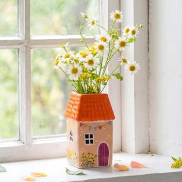 Imagem de Remerry Vaso de cerâmica em forma de casa 6 x 9 cm, mini vaso feito à mão, pequeno recipiente de flores decorativo para sala de estar, quarto, casa de fazenda, decoração de mesa, presente de