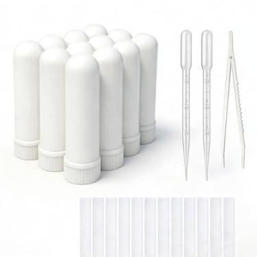 Imagem de ZIOJOVK 12 conjuntos de tubos de aromaterapia de óleos essenciais, inaladores nasais em branco (12 bastões completos) + 2 conta-gotas de pipeta de polietileno + 1 pinça de plástico