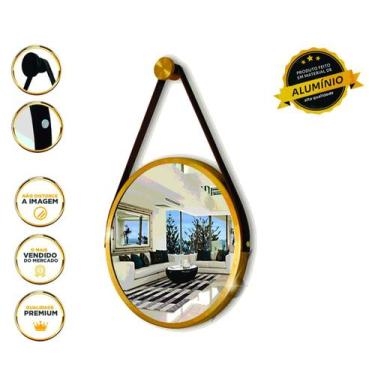 Imagem de Espelho Redondo Decorativo Suspenso Com Alça 40cm + Suporte Dourado Al