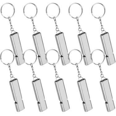 Imagem de 10 apitos de emergência de sobrevivência com chaveiros, apitos de segurança de metal de alumínio, apitos altos de alta frequência de tubo duplo para aventuras ao ar livre, acampamento, caminhada, caça