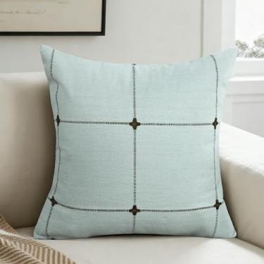 Imagem de QoBexim Conjunto de 1 capas de almofada bordadas, 45,7 x 45,7 cm, capa de almofada decorativa de linho sintético neutro com grade texturizada para sofá, sala de estar, decoração de casa, verde gelo