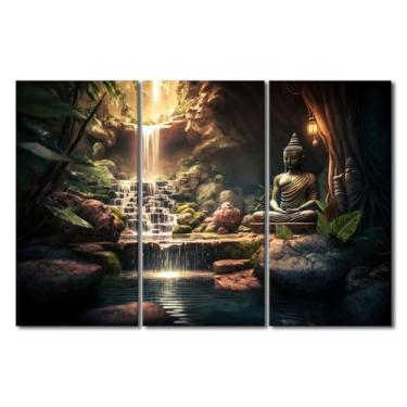 Imagem de TUMOVO Decoração de quarto arte de parede jardim zen com flor de lótus arte de parede estátua de Buda arte de parede em tela 3 peças 3 arte de parede para sala de estar quarto escritório esticado e