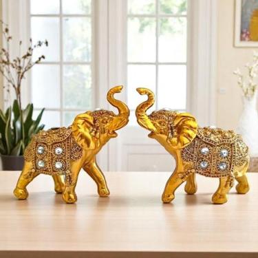 Imagem de Conjunto Decorativo 2 PEÇAS Enfeite de Mesa Casal Elefantes Dourado co