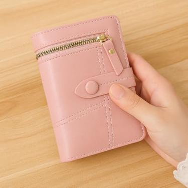 Imagem de Carteira feminina de couro PU com três dobras – porta-cartões de grande capacidade com bolso com zíper para moedas e compartimentos para identidade, rosa