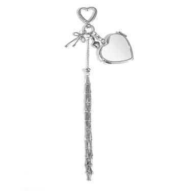Imagem de Chaveiro de batom de malha da MC Fashion com pingente de coração/estrela e mini espelho - Porta-chaves fofo para decoração de bolsa de mão, Prata + coração, 7IN X 1.6IN, Moderno e versátil
