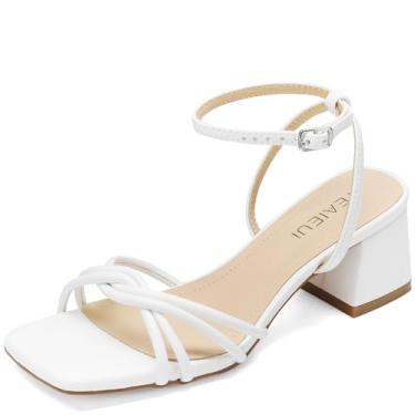 Imagem de TEAIEUI Sandálias femininas de salto alto com tiras quadradas, bico aberto, salto grosso, tira no tornozelo, casamento, festa de formatura, formatura, Branco, 36