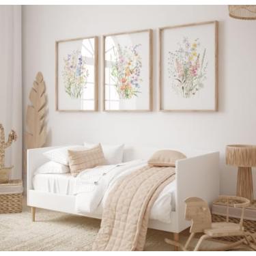 Imagem de Conjunto de 3 peças de arte de parede floral pastel com estampa de flores silvestres, pintura em tela, arte emoldurada para quarto de bebê, sala de estar, decoração de quarto de menina com moldura