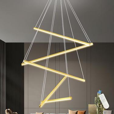 Imagem de Mccokaige Lustre de LED moderno de 5 luzes dourado de 81 cm para sala de estar, lustre linear de LED regulável, quarto, lustres grandes para sala de jantar, luz pendente moderna para teto alto, sala