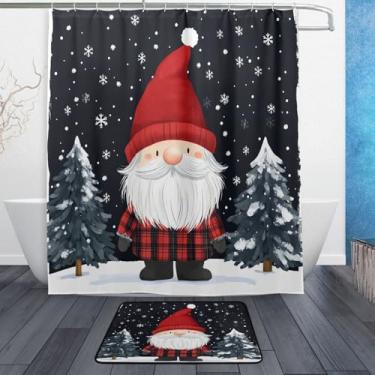 Imagem de xigua Gnomos de Natal fofos conjuntos de tapetes de cortina de banho 2 peças, conjunto de tema de banheiro (152 x 182 cm) com cortina de chuveiro e tapete antiderrapante -12 ganchos441
