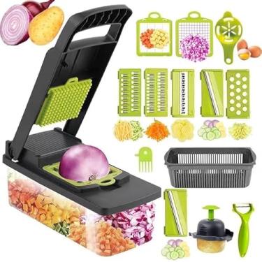 Imagem de Cortador de legumes 16 em 1 com recipiente, cortador de alimentos profissional para ralador de queijo, cortador de ovos, cebola, batata, tomate, cenoura, alho, picador de vegetais