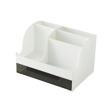 Imagem de Organizador de mesa com 5 compartimentos, organizador de maquiagem de plástico, suporte de caneta para armazenamento de mesa, organização de mesa para escola, casa, material de escritório (branco)