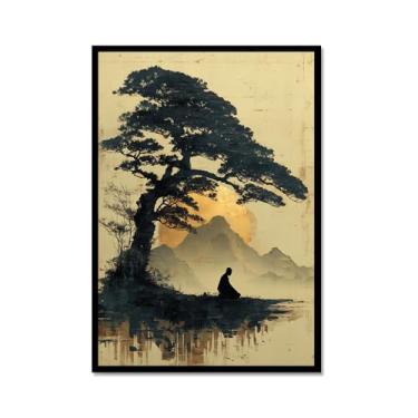 Imagem de Pôster de arte de parede de Buda Zen sombrio Bodhi Pintura de árvore de meditação solidão impressão em tela estilo chinês vintage arte de parede espiritual decoração de escritório doméstico (SKU1,12 x