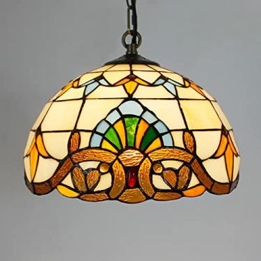 Imagem de Lustre estilo Tiffany de 30 cm, luminária pendente vintage feita à mão em vitral, altura ajustável, lâmpada de teto LED E27 para decoração de sala de estar, quarto e sala de jantar (1 lâmpad