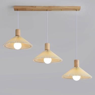 Imagem de Lustres simples com luminária pendente de tecido plissado, 3 lâmpadas, soquete E27, lustre triplo com luminárias pendentes para sala de jantar, quarto, escritório, cozinha e ilha de cozinha.
