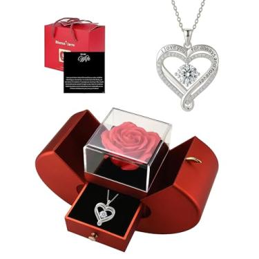 Imagem de ziella Caixa de rosas de flores preservadas com colar de coração duplo, presentes de rosa eterna para esposa do marido no aniversário de aniversário do dia dos namorados (I'll Forever be Yours, prata)