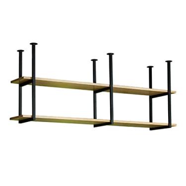 Imagem de Prateleiras suspensas de madeira maciça, estrutura de ferro preto industrial, 2 camadas, prateleira de montagem no teto, organizador de panelas de cozinha, restaurante, bar, rack de vinho, decoração