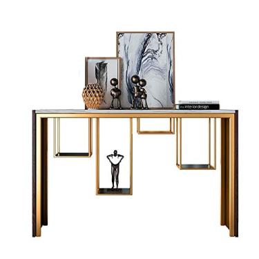 Imagem de EESHHA Mesa de console de mesa, sala de estar, hall de entrada de madeira maciça, mesa de entrada de mármore com prateleira de armazenamento, armário de entrada dourado, 78 x 28 x 79 cm