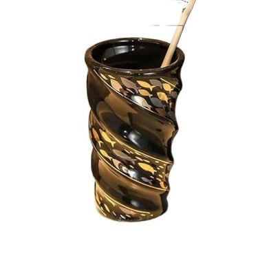 Imagem de THJKUPO Casais sem alças casa de banho pintado a ouro copo de cerâmica espiral enxaguante bucal (Preto)