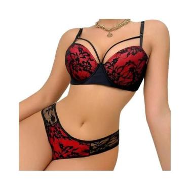 Imagem de Conjunto De Sutiã Sexy De Renda Com Efeito Push up E Calcinha Bordada 