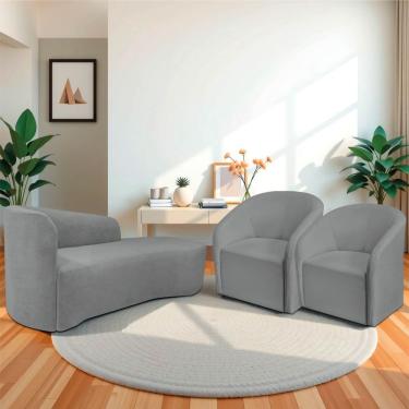 Imagem de Kit Sofá Curvo França 160cm Ld. E 2 Poltronas Luiza Max Conforto, Elegância E Design Moderno Bouclé Cinza