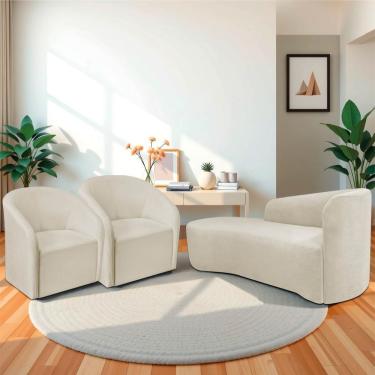 Imagem de Kit Sofá Curvo França 160cm L.e E 2 Poltronas Luiza Max Conforto, Elegância E Design Moderno Bouclé Bege