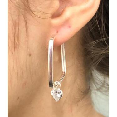 Imagem de Brinco Argola Quadrada Prata Legitima 925 Ponto Luz Coração - Lojas La