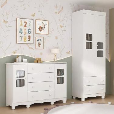 Imagem de Quarto De Bebê Completo Com Guarda-roupas 2 Portas E Cômoda Luna Multimóveis Mp4799 Branco