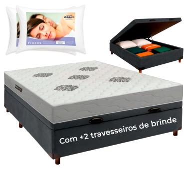 Imagem de Cama Box Bau + Colchão Casal ISO100 Confort Premium + 2 Travesseiros Ortobom