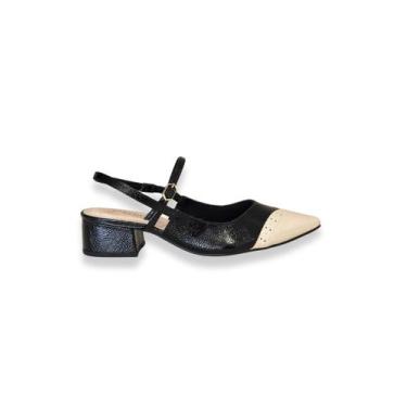 Imagem de Slingback Verniz Preto Off White Salto Bloco Bebecê, 37