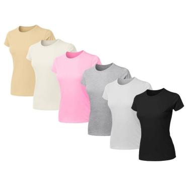 Imagem de Kit 6 Blusas Feminina Camiseta Lisa Básica Algodão Baby Look-Feminino