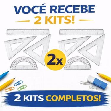 Imagem de Kit Geometrio 2 Régua 30cm 2 Transferidor 180 2 Esquadro 45 e 2 Esquad