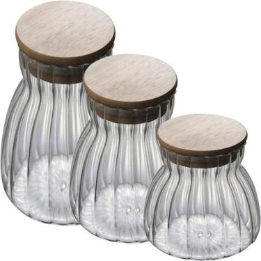 Imagem de Kit 3 Pote Hermético Com Tampa Bambu De Vidro 450ml 700ml 1L - Gici Ho