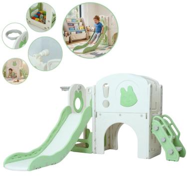 Imagem de Playground Infantil 5x1 Plástico Escorregador Ponte Cesta Multifuncional Verde Brinqway Bw466