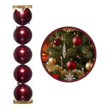 Imagem de 5 Bolas Gran Árvore Natal 10cm Peroladas Luxo Enfeite Vinho Vinho Liso