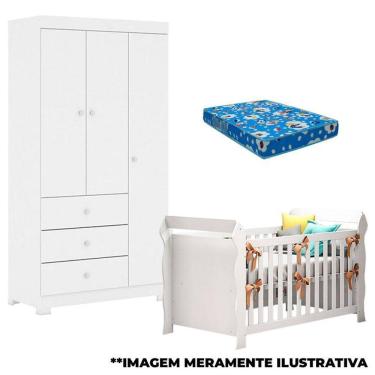 Imagem de Berço Americano Lara e Guarda Roupa Duda 3 Portas Branco Brilho com Colchão – Phoenix Baby