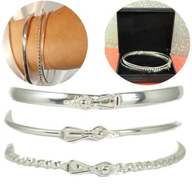 Imagem de 3 Bracelete Pulseira Largo Feminino Rigido Prata Legitima - Lojas La&N