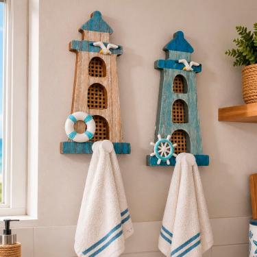 Imagem de Porta Toalha de Parede Náutico com Decoração Náutica Kit 2 Peças Azul e Marrom Bazar de Praia