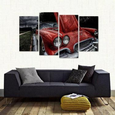Imagem de Quadro Decorativo Carro Antigo Vermelho Em Tecido 4 Peças