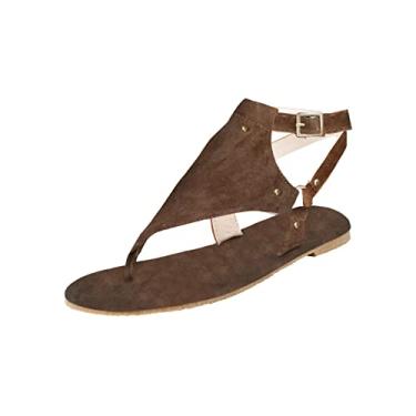Imagem de Sandálias de dedo do pé com fivela sandálias femininas chinelos de praia aberto plano feminino 8 sapatos largos femininos, Marrom, 8