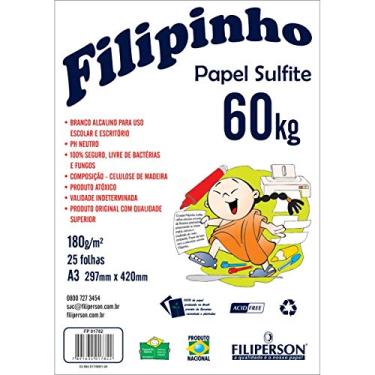 Imagem de Papel Sulfite A3 180gr/m2, Filiperson, Filipinho, 1782, 60kg, Branco, 25 Folhas