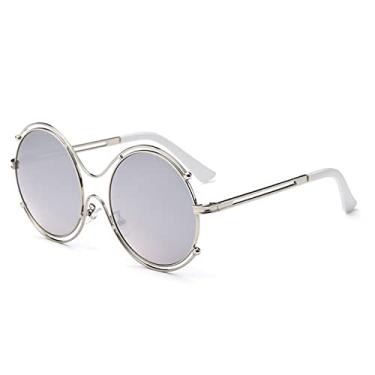 Imagem de Óculos de Sol Feminino Espelho Lente Redonda Sombras Armação de Metal Óculos de Sol Feminino Estilo Verão Óculos Duplo Círculo, C05 Sliver Mercury, Embalagem B