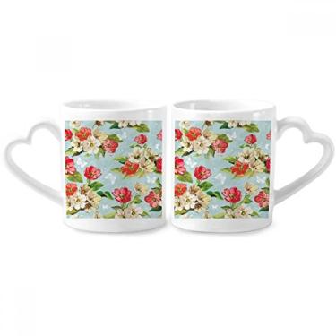 Imagem de Elegante conjunto de canecas de porcelana para casais, flores de pêssego, flores de pêssego, coração