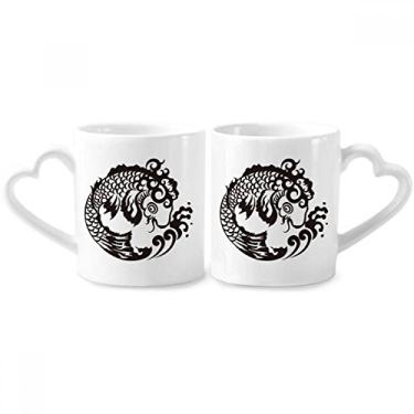 Imagem de Peixe animal chinês japonês água casal conjunto de canecas de porcelana copo amante copo alça coração