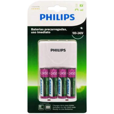 Imagem de Carregador de Pilhas Philips com 4 Pilhas Aa Recarregáveis 2450mAh SCB2445NB Bivolt Branco