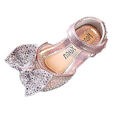 Imagem de Sandálias de moda primavera e verão para meninas sapatos de dança pérola laço brilhante meninas chinelos de gato (rosa, 3 a 3,5 anos)